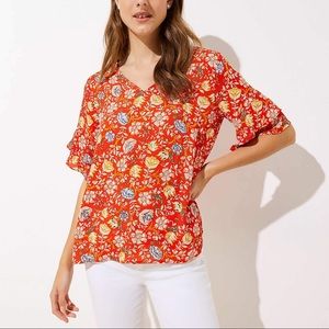 LOFT Floral V Neck Red Top
